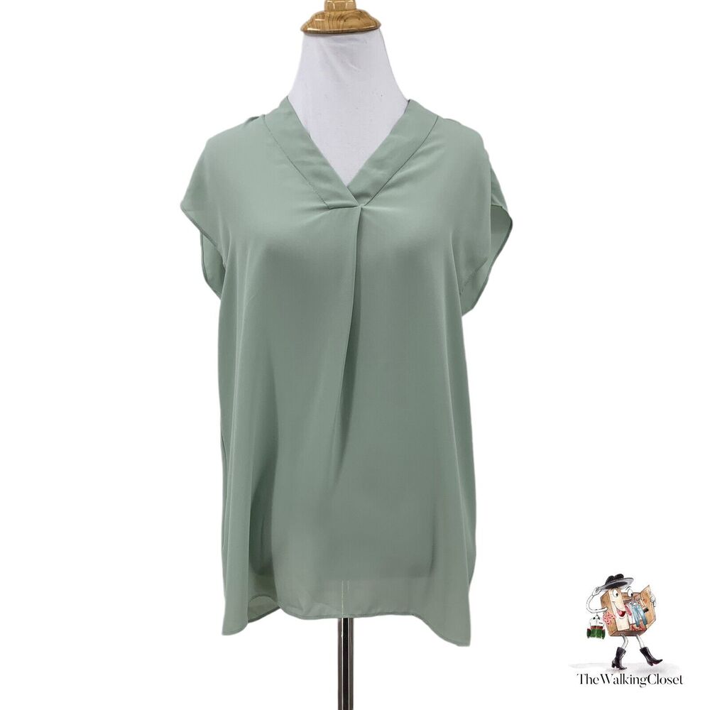 H By Halston Blouse Womens XS Extra Small Aqua Gray Split Neck Cap Sleeves Top